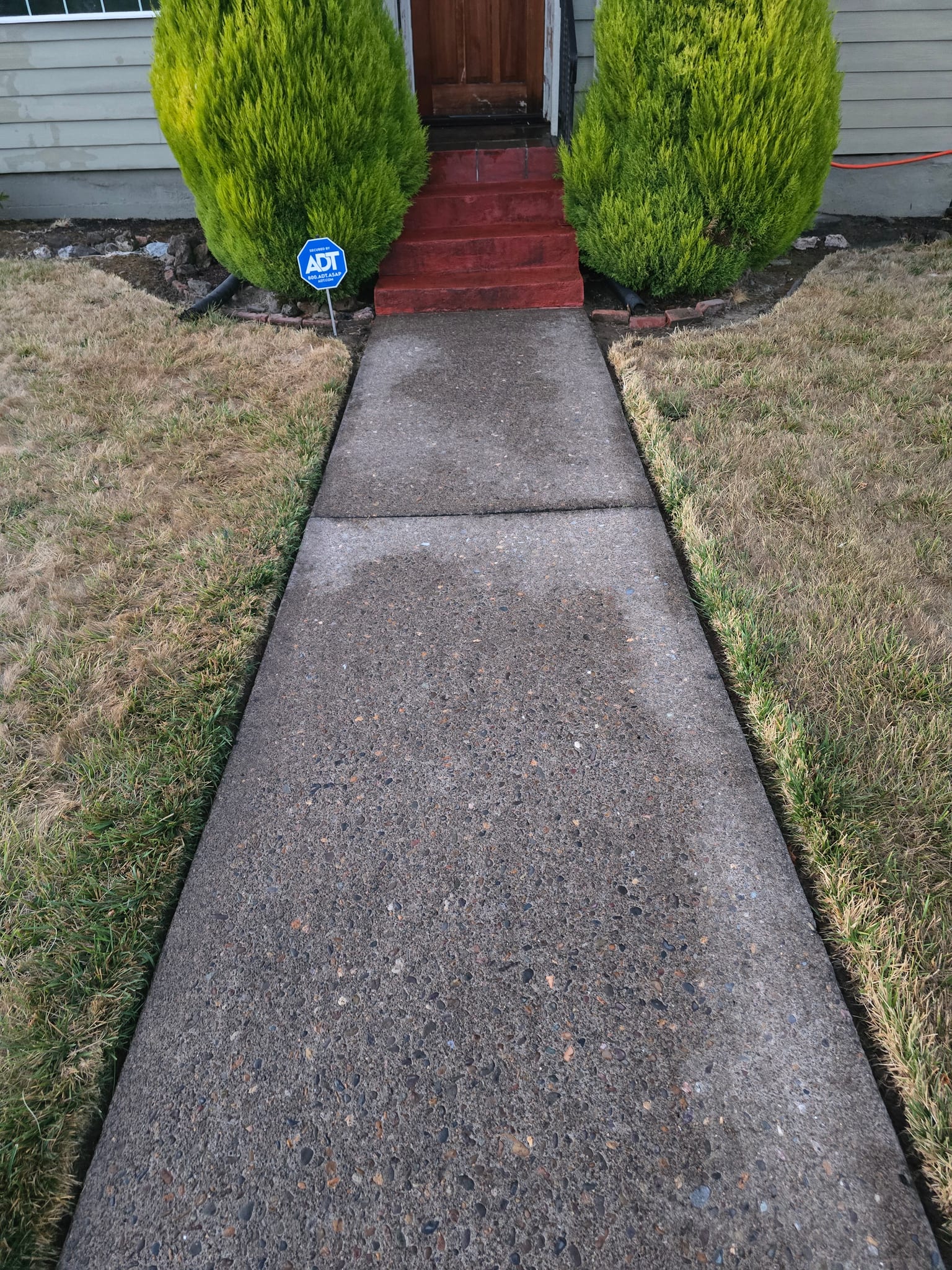 Exposed-aggregate front walkway just after pressure washing, still drying