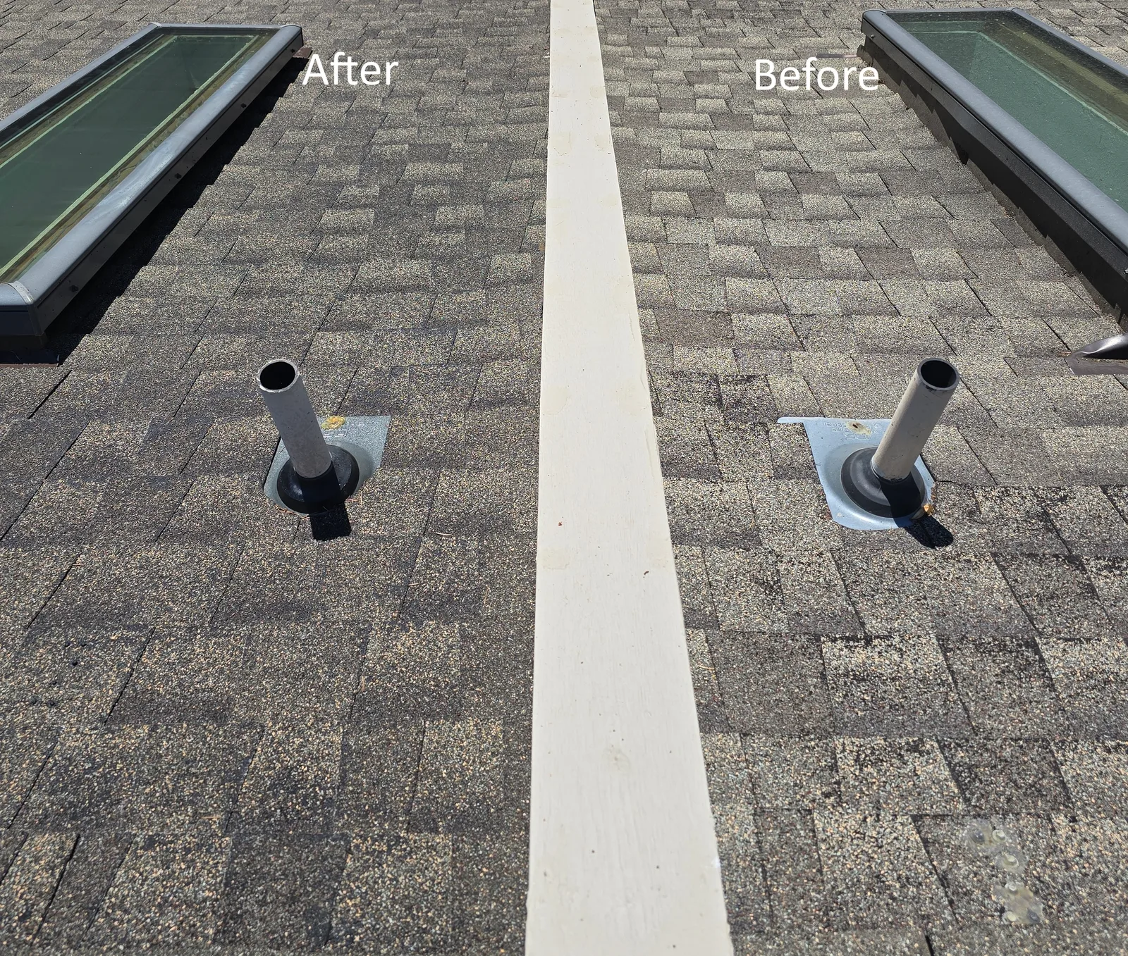 Side-by-side before-and-after of an asphalt shingle roof treated with APEX-1132 roof rejuvenation, showing restored shingle color