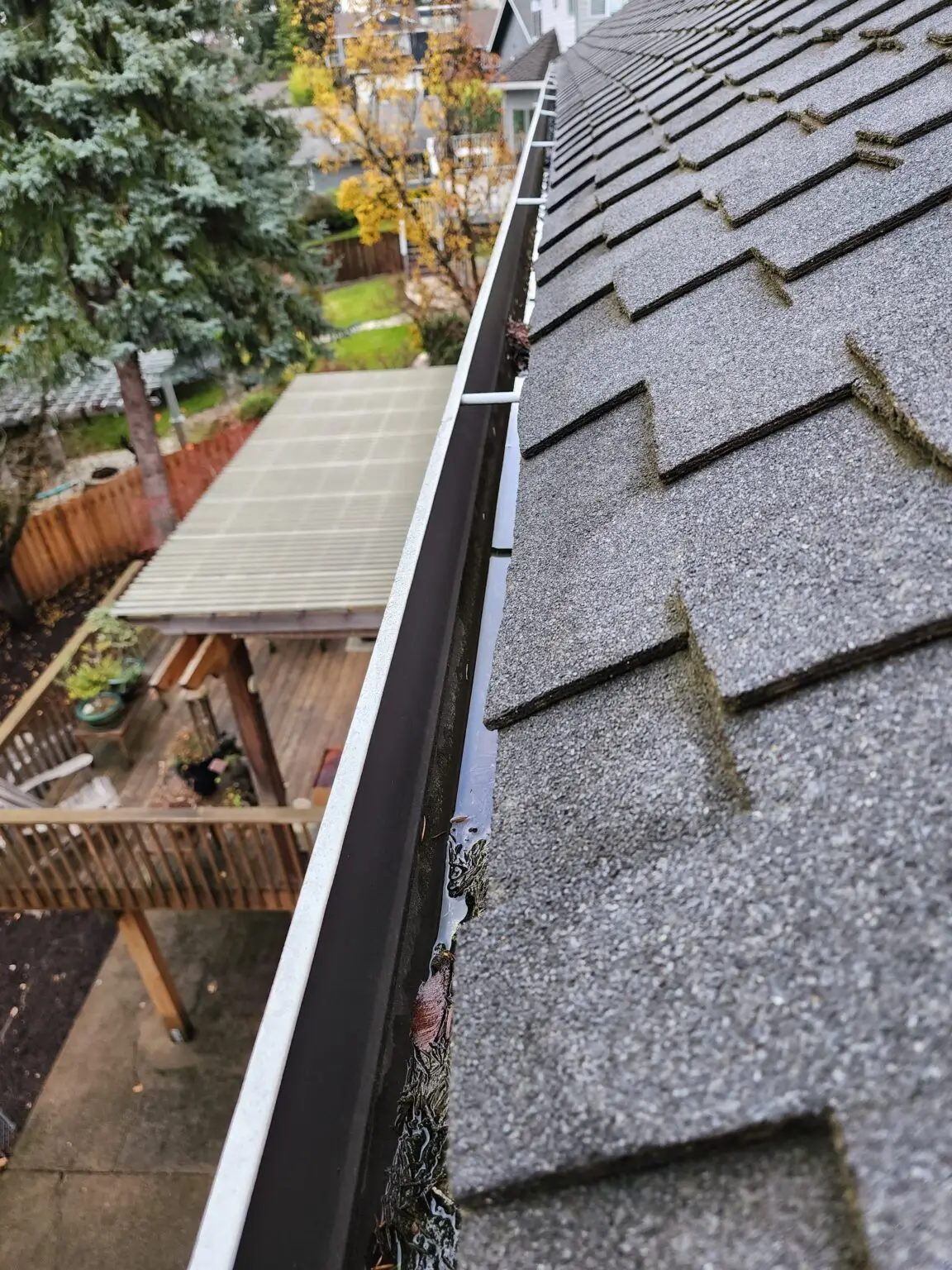 Gutter cleaning frequency Pacific Northwest Professional gutter cleaning service crew working on residential gutters in Woodburn Oregon Pacific Northwest home