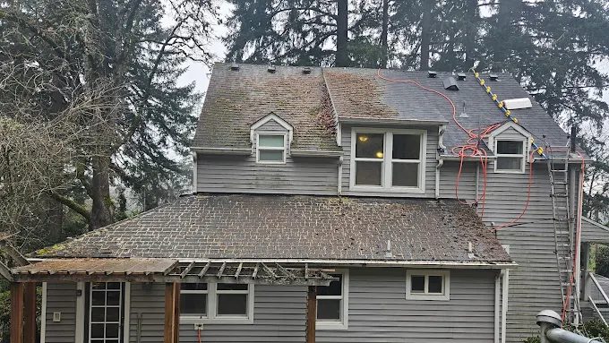 Roof cleaning Salem OR technician safely removing moss from two-story home exterior