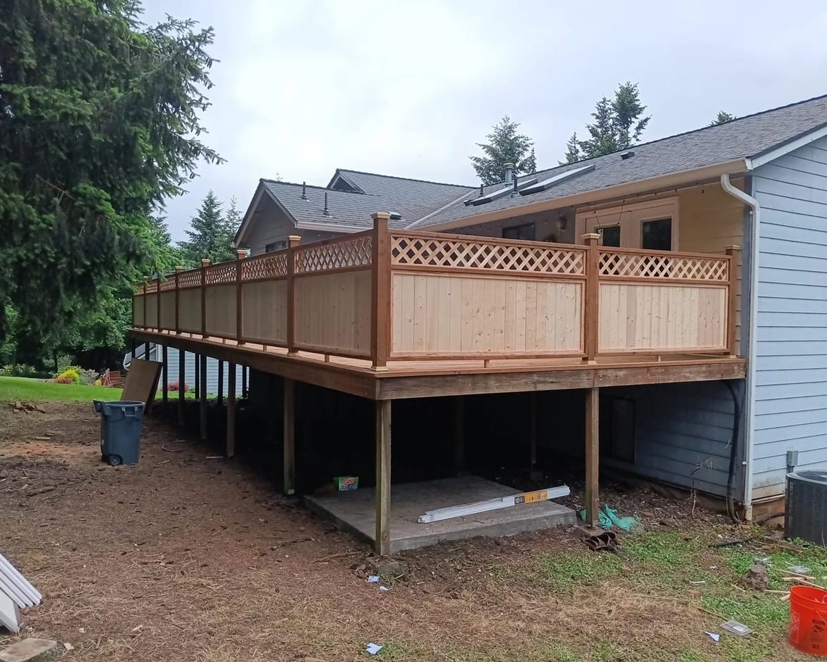 Elevated cedar deck with a lattice privacy rail on a Salem, Oregon home, built by On Top Home Services and affiliates