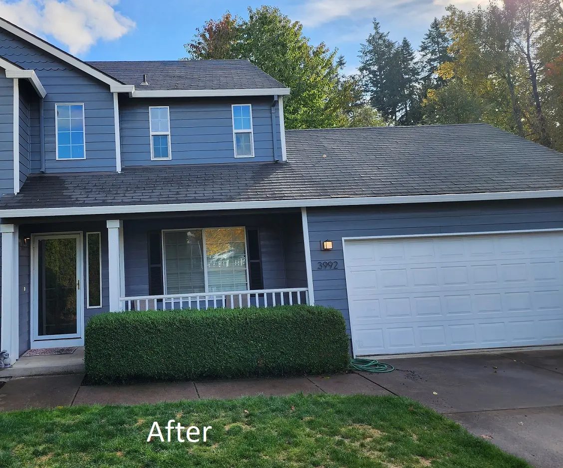Roof cleaning after-result Salem Oregon Roof cleaning after-result showing restored shingles in Salem Oregon professional service