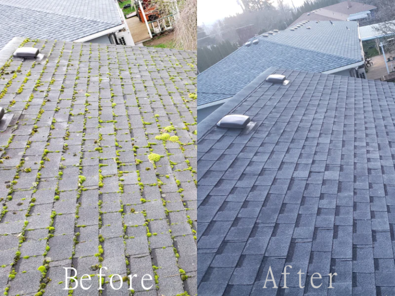 Professional roof cleaning Salem Oregon Professional roof cleaning service in progress at Salem Oregon home showing soft-wash treatment for moss and algae