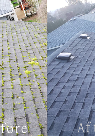 Professional roof cleaning service in progress at Salem Oregon home showing soft-wash treatment for moss and algae